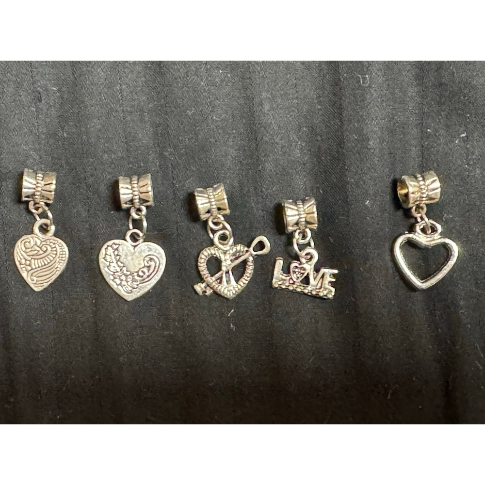 Set of 5 Silver Heart / Love themed Charms for Bracelet / Necklaces